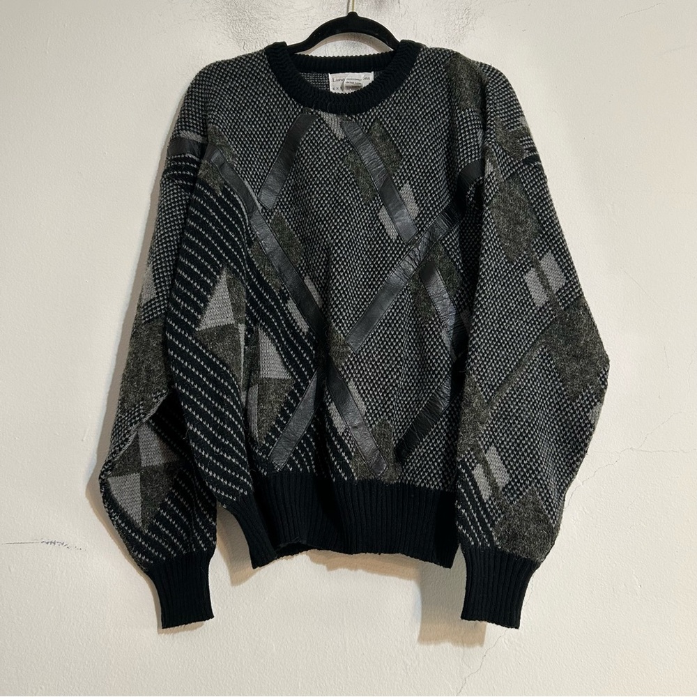 Vintage Grey Mixed Media Geometric Leather Knit Sweater Eclectic Grandpa Grunge